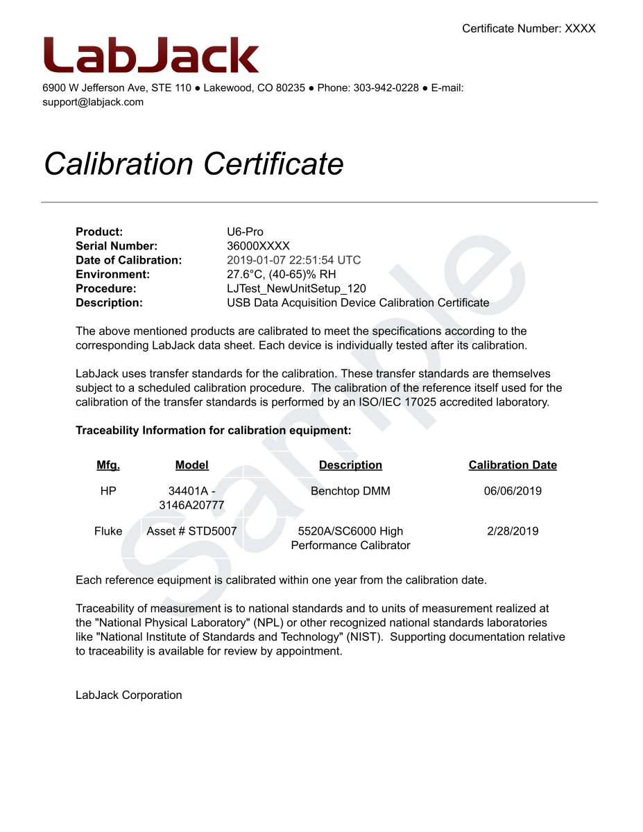 Calibration Service with Certificate for U6/UE9/T7/T8 - LabJack