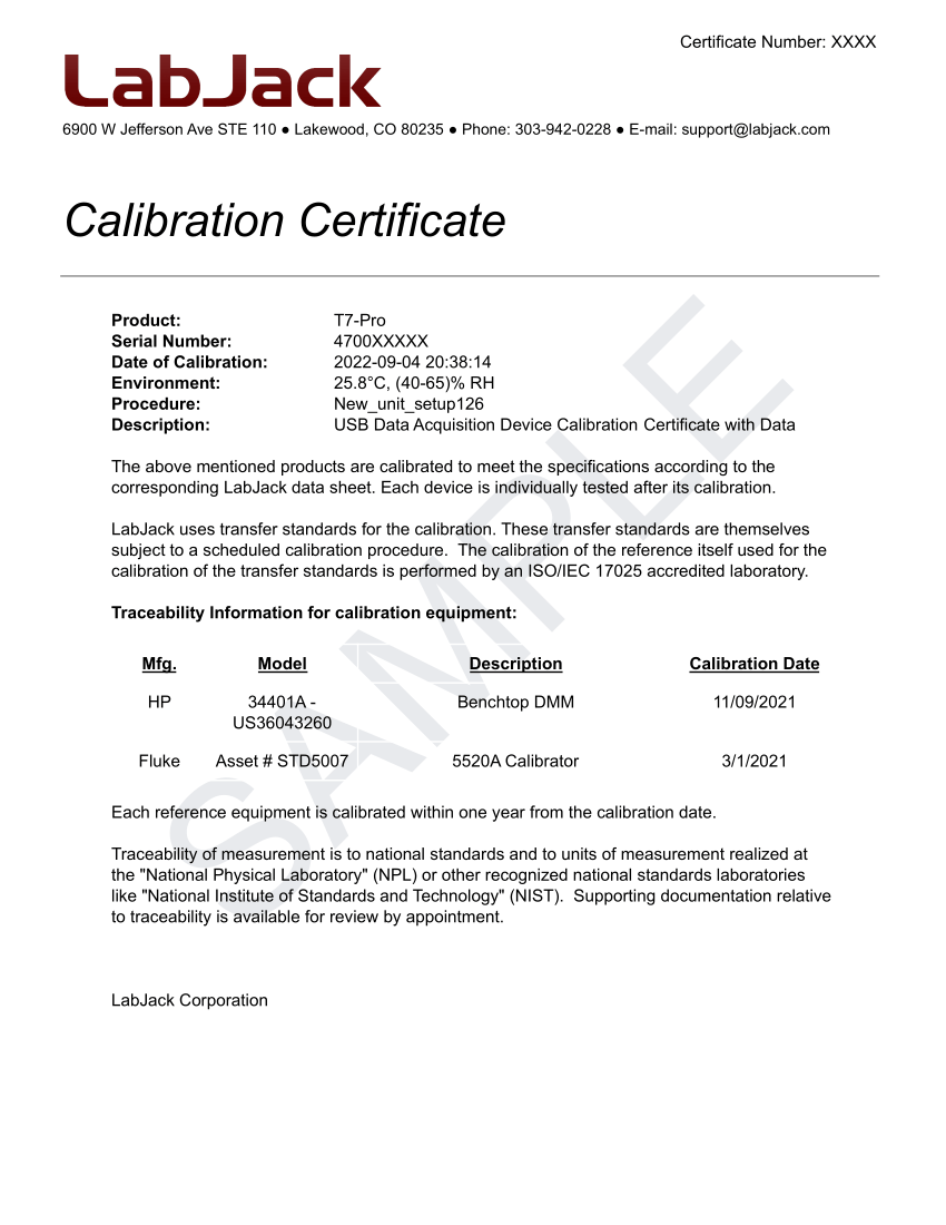 Calibration Service with Certificate for U6/UE9/T7 LabJack